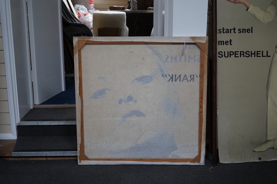 The Smiths interest; a 1980s printed cloth advertising banner mounted on wood stretchers, promoting the live album ‘Rank’, and featuring a close up portrait of Alexandra Bastedo. Condition fair, some staining.